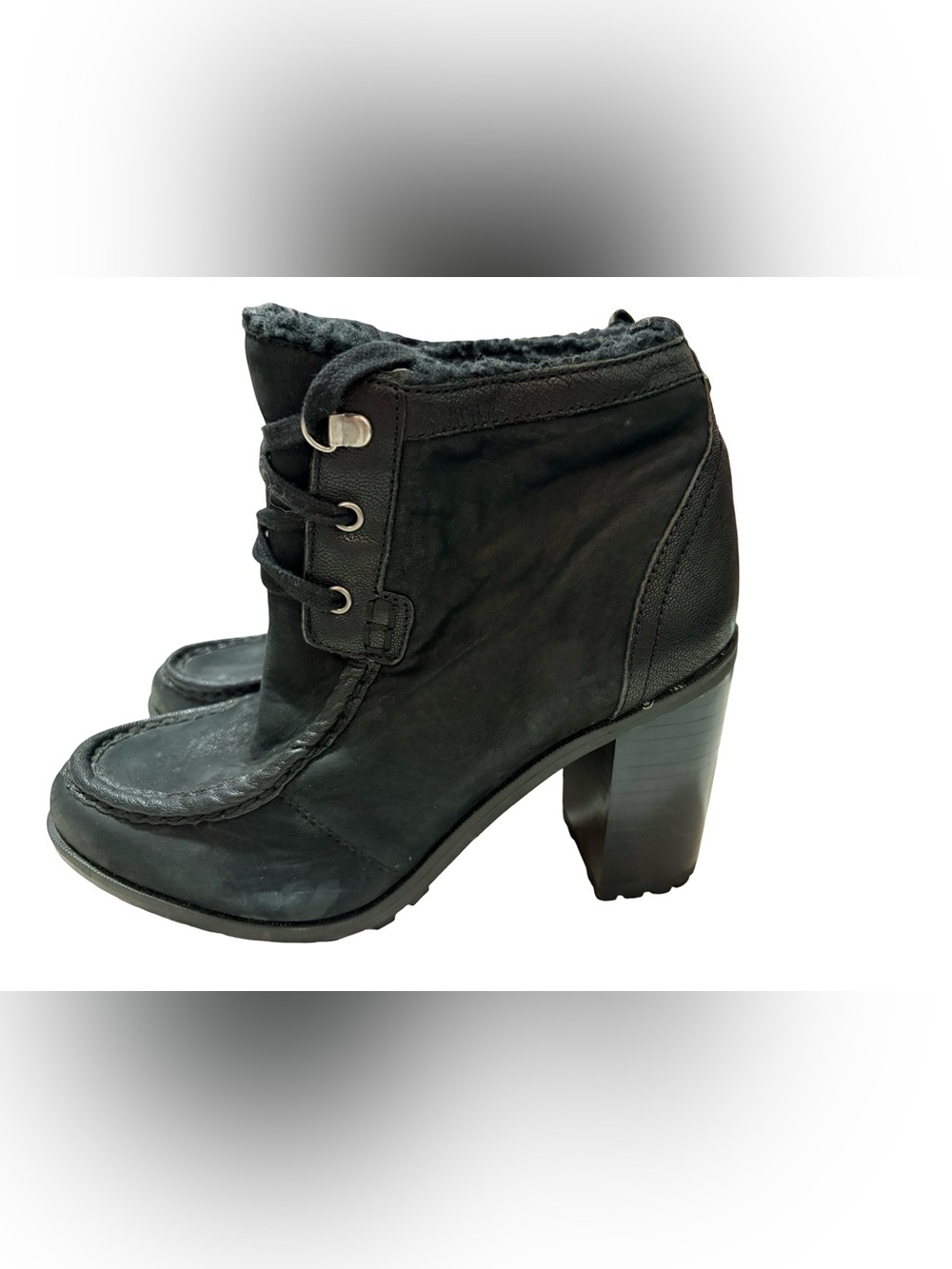 Sam Edelman Black Leather Faux Fur Trim Lug Sole Heeled Ankle Boots Size 8 NWOT